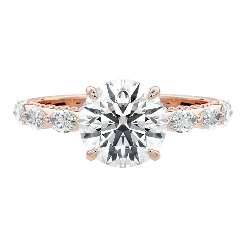 Close-up of a high-quality D-color VVS1 round brilliant moissanite center stone with asymmetrical accents guaranteed by a GRI certificate.