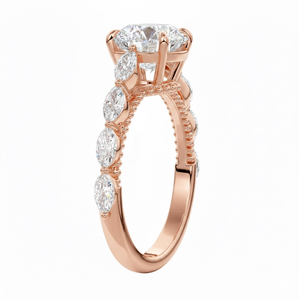 Unique bridal jewelry stack featuring a round cluster moissanite ring paired with a slim gold wedding band for a contemporary look