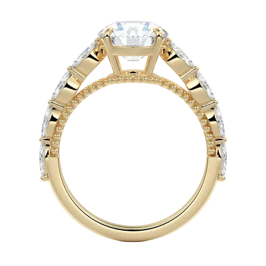 Top-down view of a round moissanite ring with floating side accents on a polished yellow gold comfort-fit shank.
