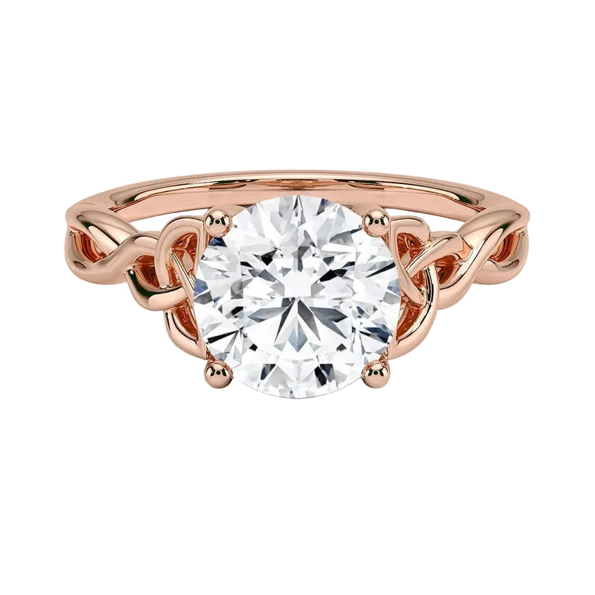 Luxury round brilliant moissanite engagement ring with an ornate infinity twisted band in rose gold ApolloGem.
