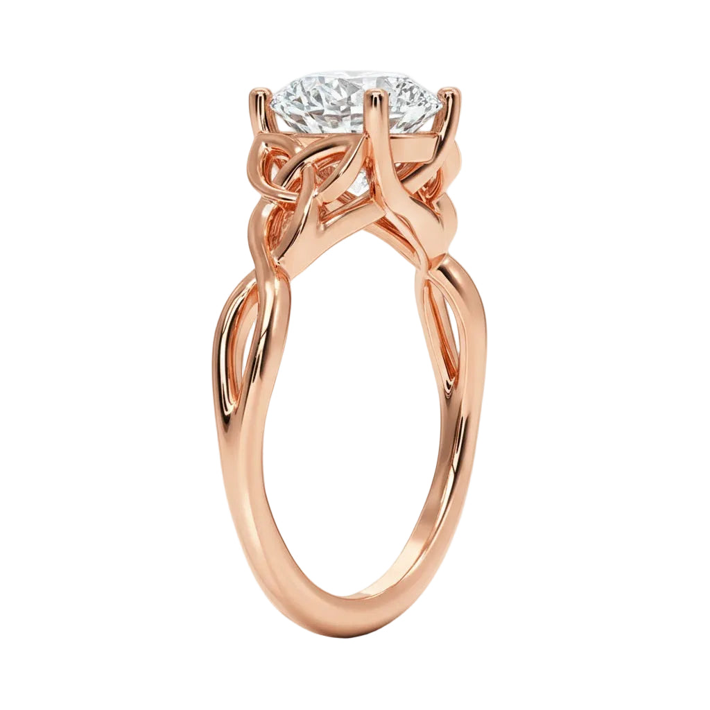 Close-up of a D-color VVS1 round moissanite secured in a decorative twisted gold setting.