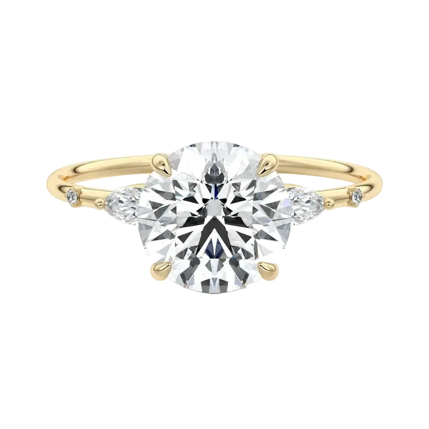 Round brilliant moissanite engagement ring yellow gold marquise side stones nature inspired