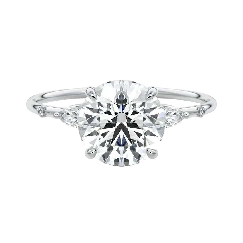 Six prong round moissanite ring with marquise accents and slim gold band