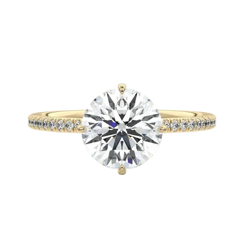 Secure four-claw cat-claw round brilliant moissanite ring with a hidden halo and pavé band in yellow gold ApolloGem