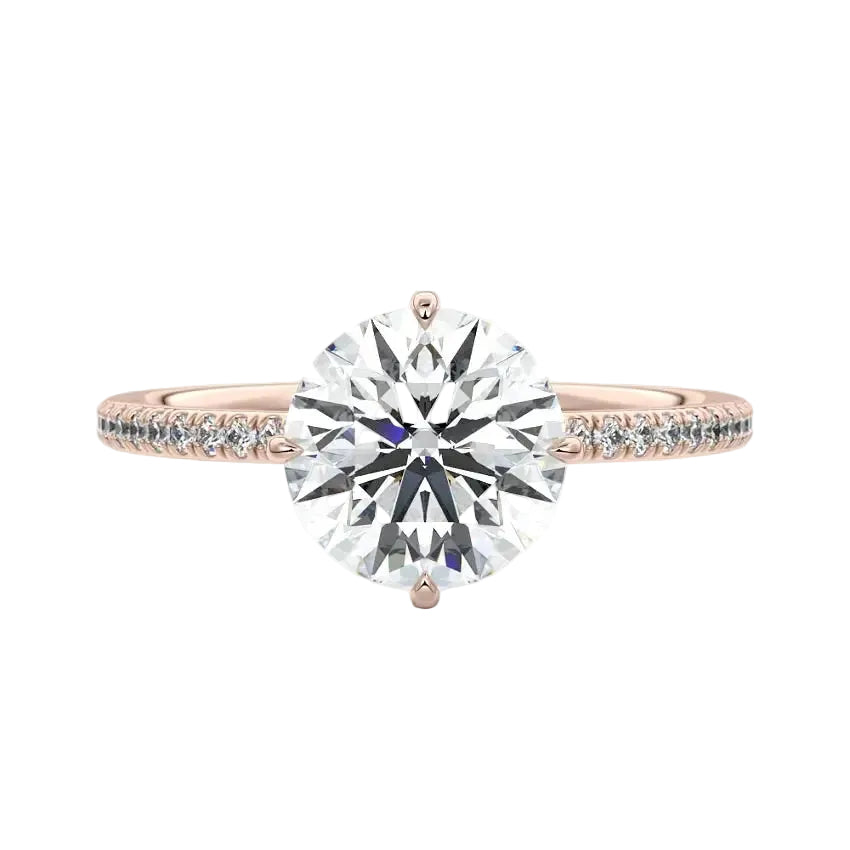 Secure four-claw cat-claw round brilliant moissanite ring with a hidden halo and pavé band in rose gold ApolloGem