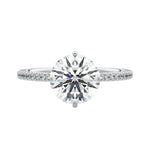 Secure four-claw cat-claw round brilliant moissanite ring with a hidden halo and pavé band in white gold ApolloGem
