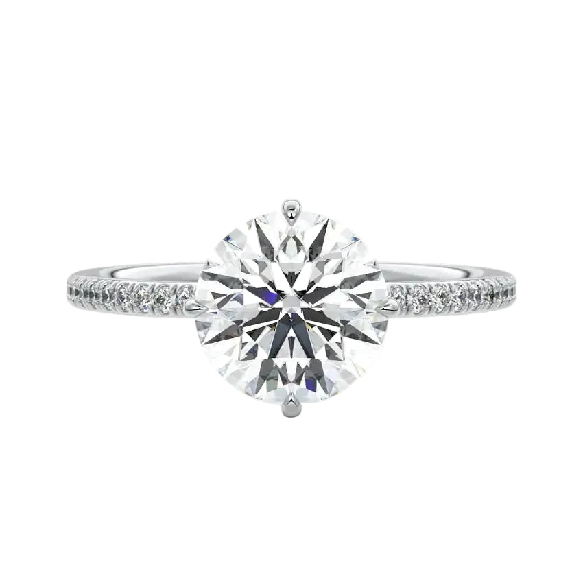 Secure four-claw cat-claw round brilliant moissanite ring with a hidden halo and pavé band in white gold ApolloGem