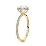 Top-down view of a D-color VVS1 round stone in a yellow gold cat-claw pavé settin