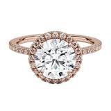 Classic round moissanite ring with halo setting and diamond band side view