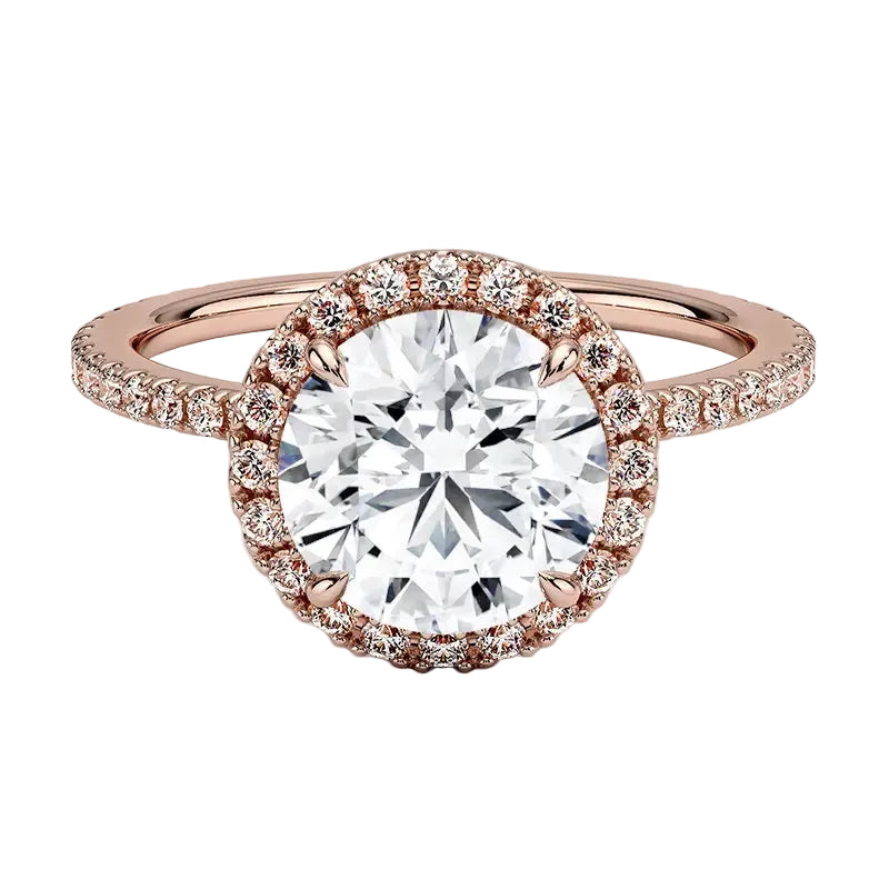 Classic round moissanite ring with halo setting and diamond band side view