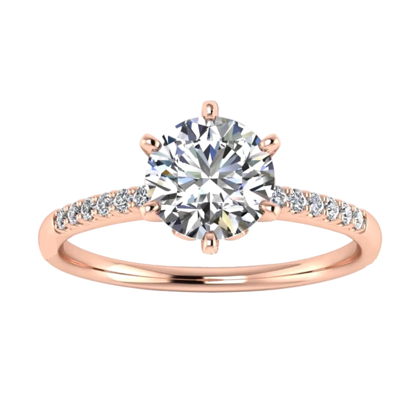 Royal six-prong round brilliant moissanite engagement ring with a pavé rose gold band ApolloGem.