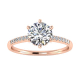 Royal six-prong round brilliant moissanite engagement ring with a pavé rose gold band ApolloGem.