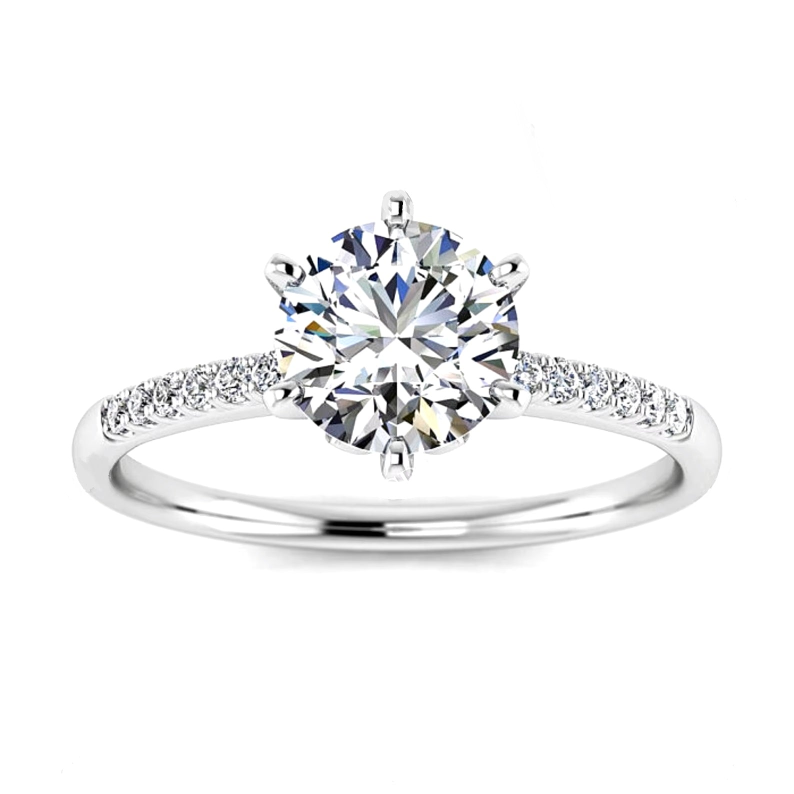 Royal six-prong round brilliant moissanite engagement ring with a pavé white gold band ApolloGem.