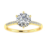 Royal six-prong round brilliant moissanite engagement ring with a pavé yellow gold band ApolloGem.