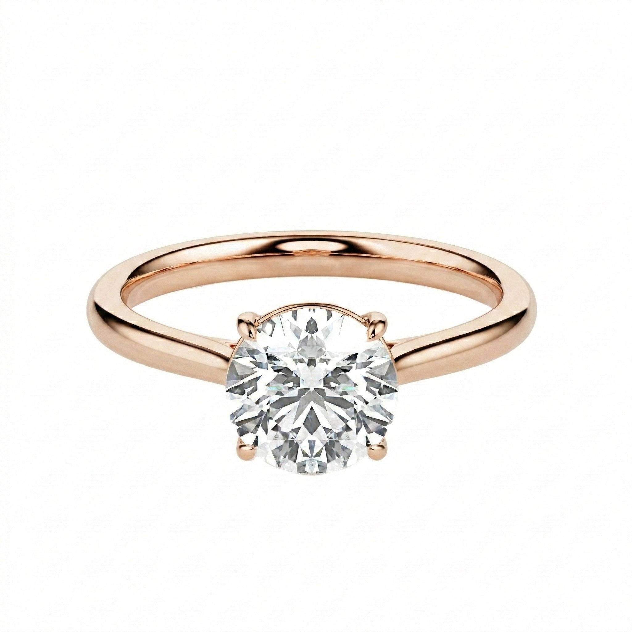 Classic round brilliant moissanite solitaire engagement ring in rose gold ApolloGem.