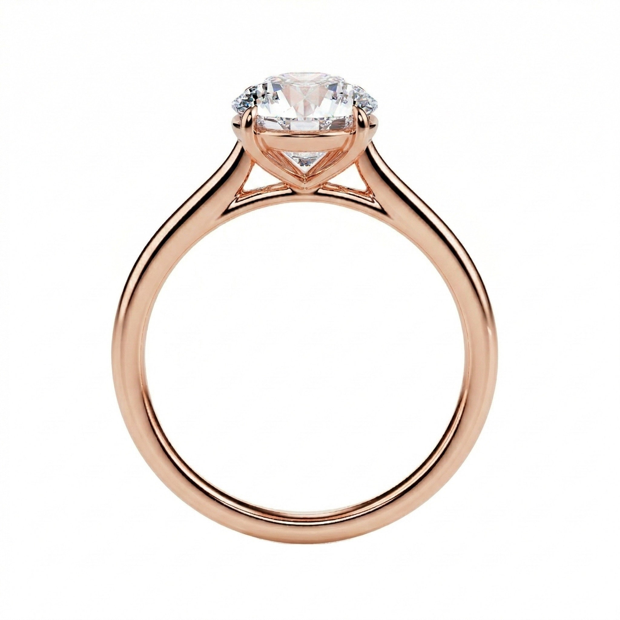 Symmetrical top-down view of a round moissanite solitaire in a polished solid gold setting.