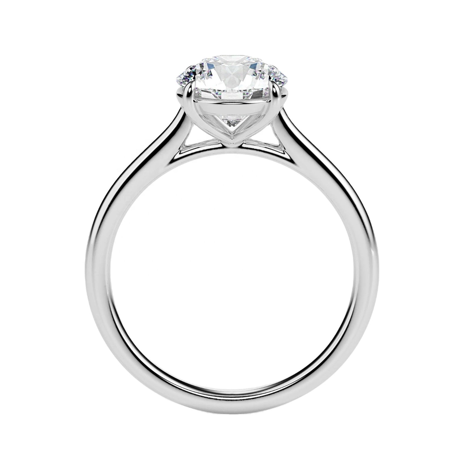 Symmetrical top-down view of a round moissanite solitaire in a polished solid gold setting.