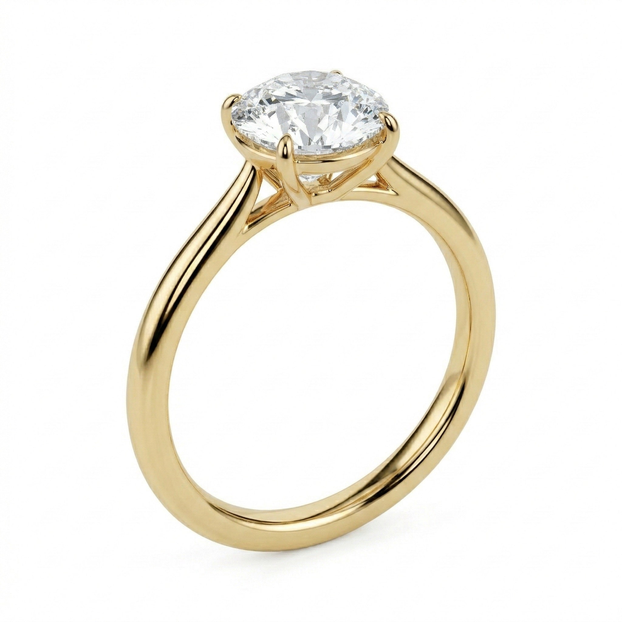 Detailed side view of the round solitaire showing the high-lift 4-prong crown architecture.