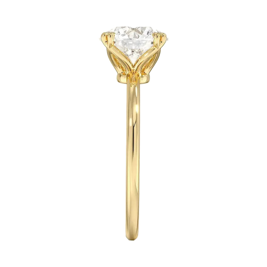 Symmetrical top-down view of a round moissanite solitaire in a secure yellow gold setting.