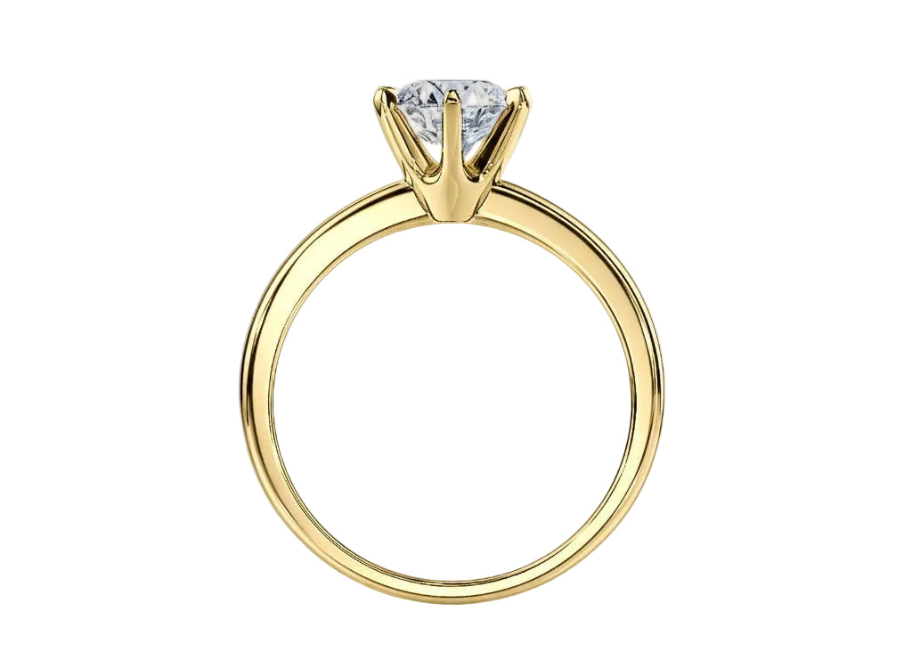 Symmetrical top-down view of a round moissanite solitaire in a polished 6-prong yellow gold setting.