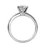 Symmetrical top-down view of a round moissanite solitaire in a polished 6-prong white gold setting.