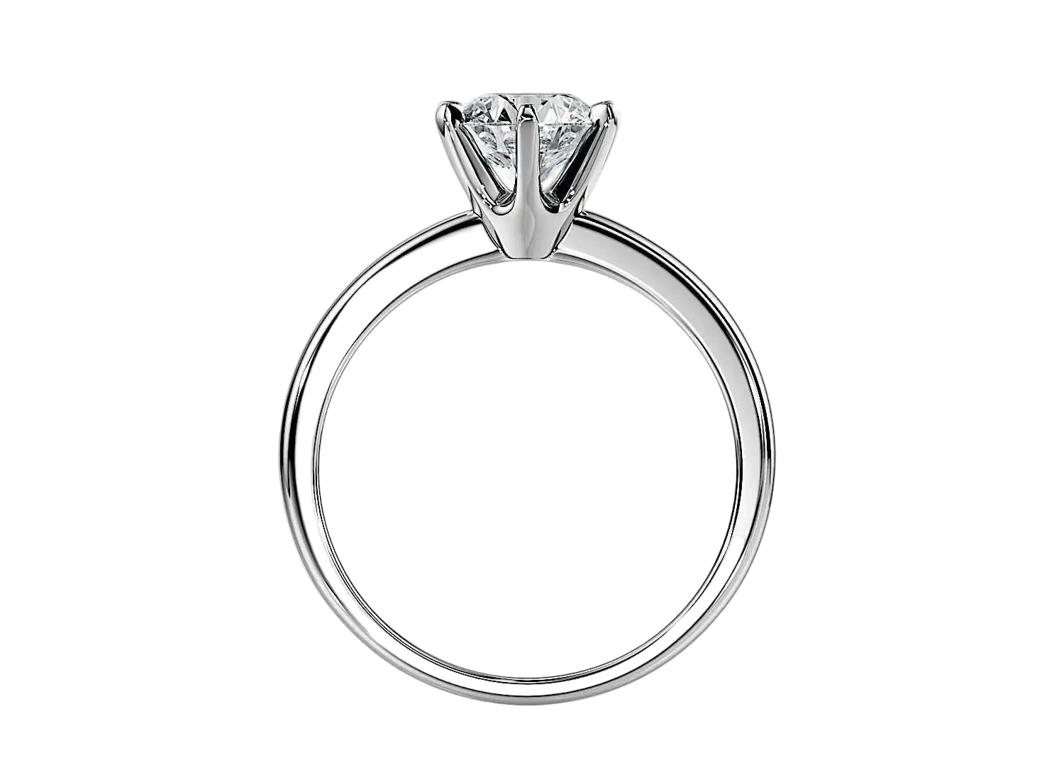 Symmetrical top-down view of a round moissanite solitaire in a polished 6-prong white gold setting.