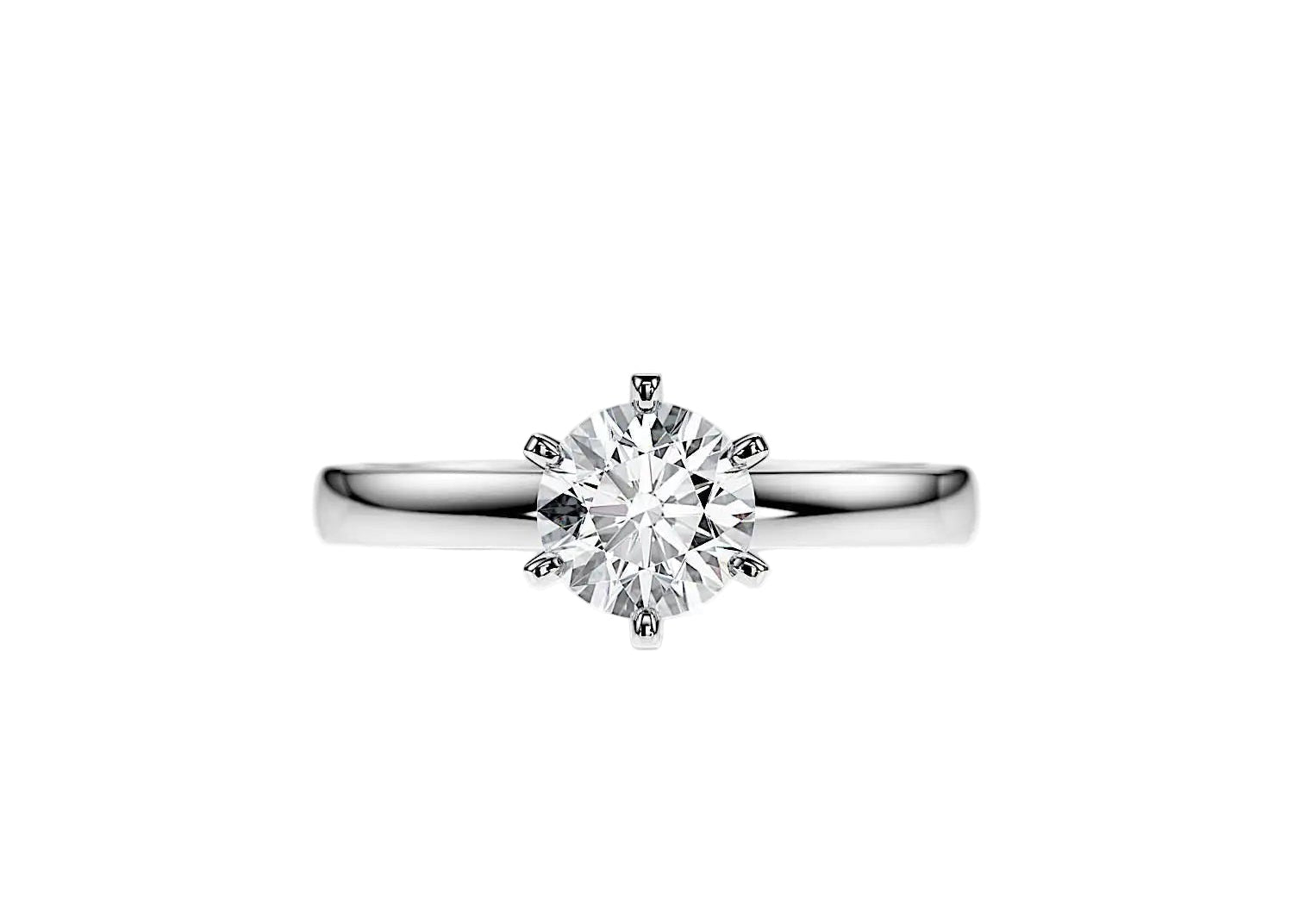 Close-up of a D-color VVS1 round moissanite held by six elegant, sophisticated gold prongs.