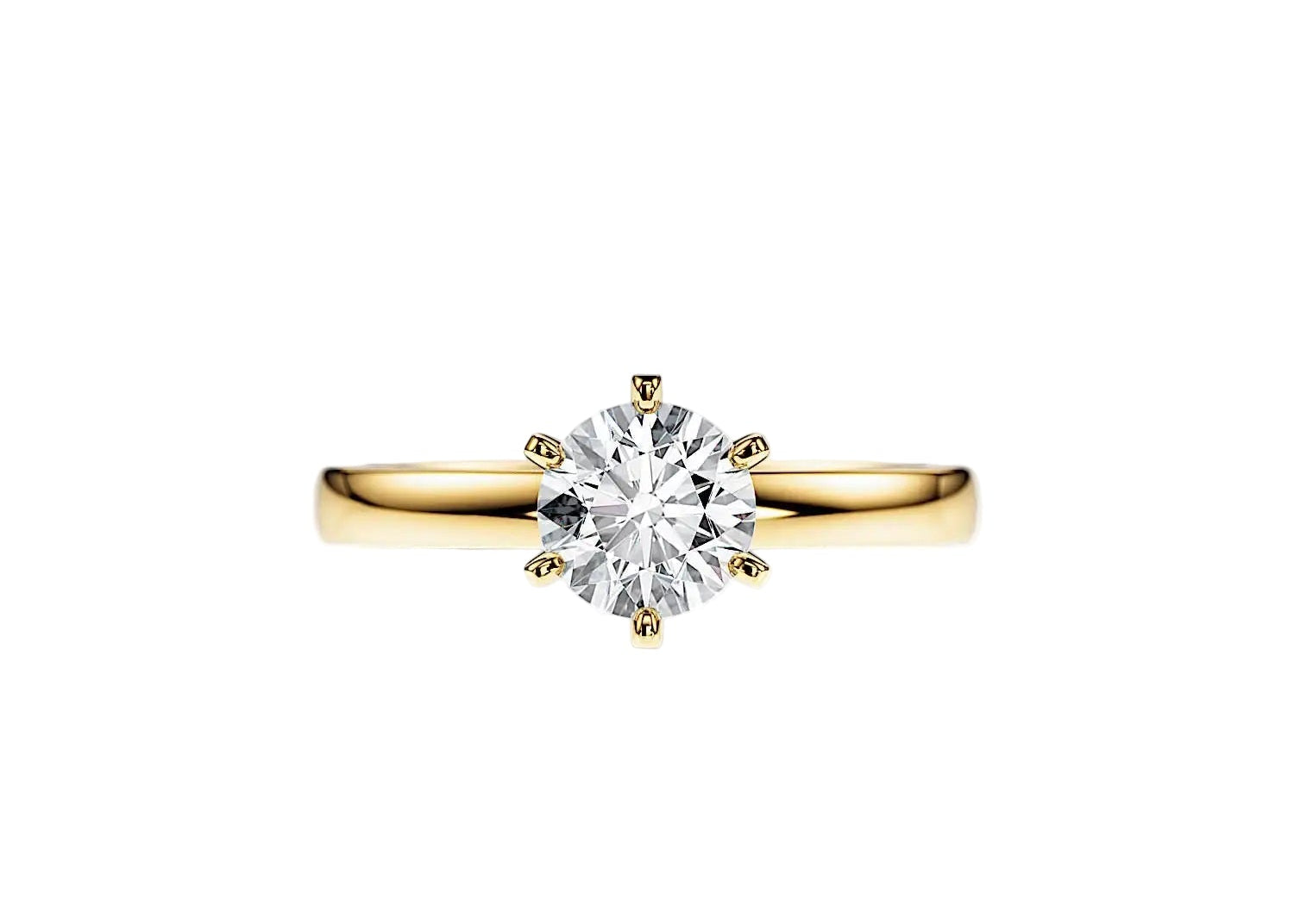 Close-up of a D-color VVS1 round moissanite held by six elegant, sophisticated gold prongs.