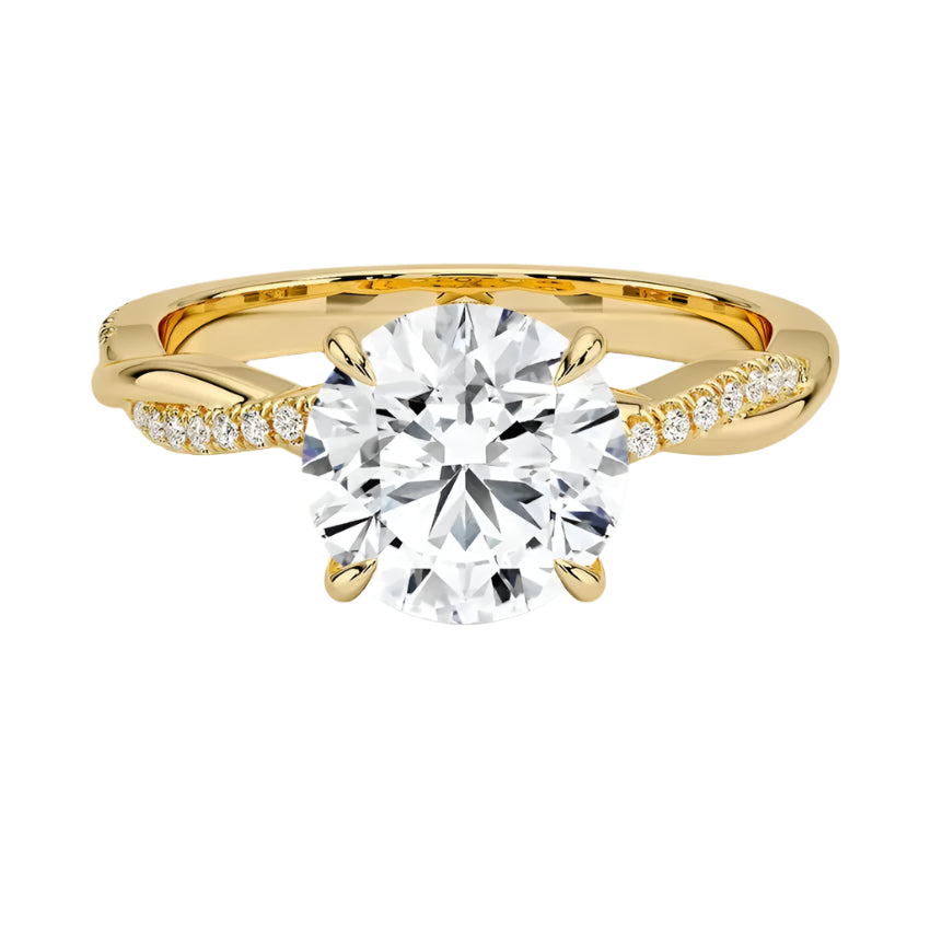 Four-claw cat-claw round brilliant moissanite ring with a single pavé vine twist band in yellow gold ApolloGem.