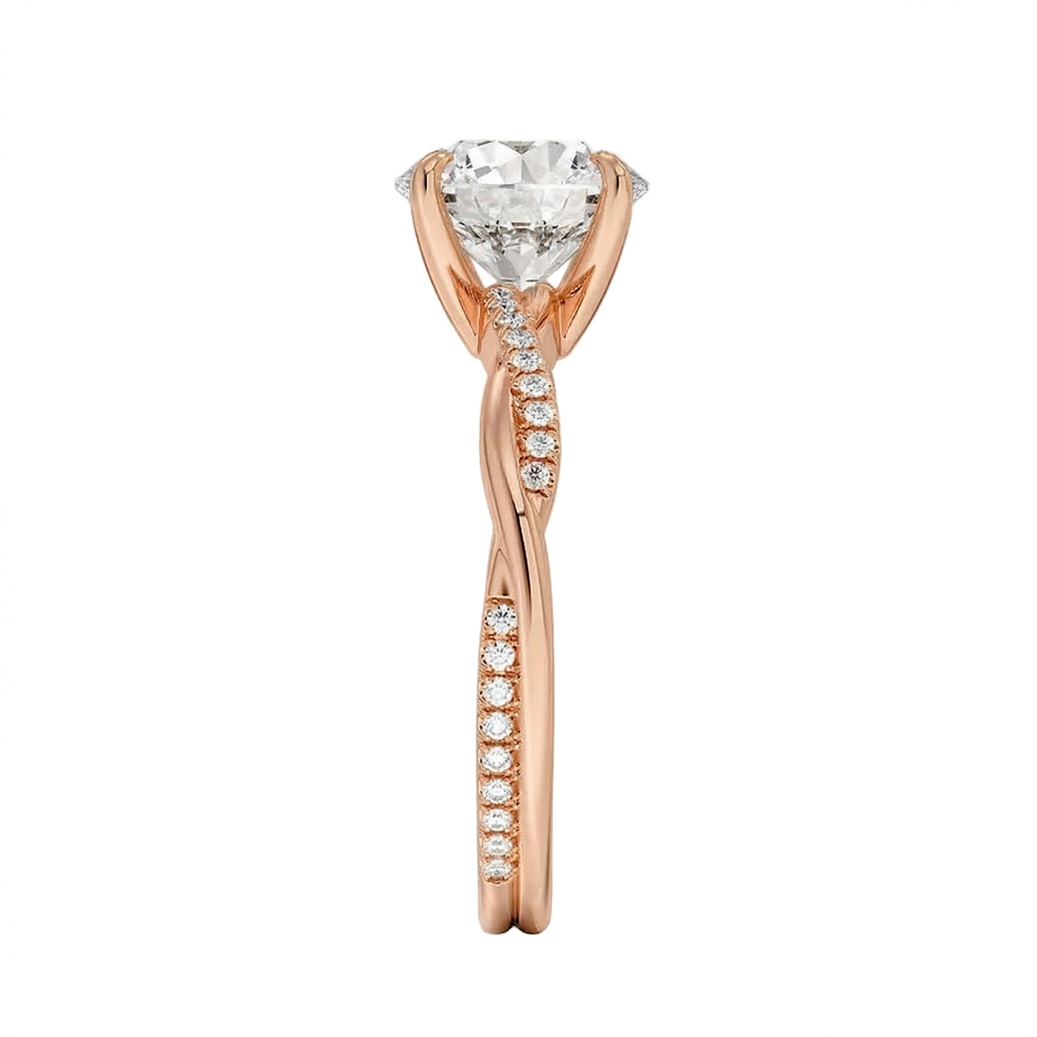 Top-down view of a D-color VVS1 round stone in an asymmetrical rose gold cat-claw setting.