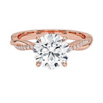 Four-claw cat-claw round brilliant moissanite ring with a single pavé vine twist band in rose gold ApolloGem.