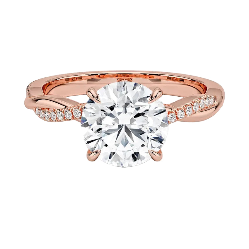 Four-claw cat-claw round brilliant moissanite ring with a single pavé vine twist band in rose gold ApolloGem.