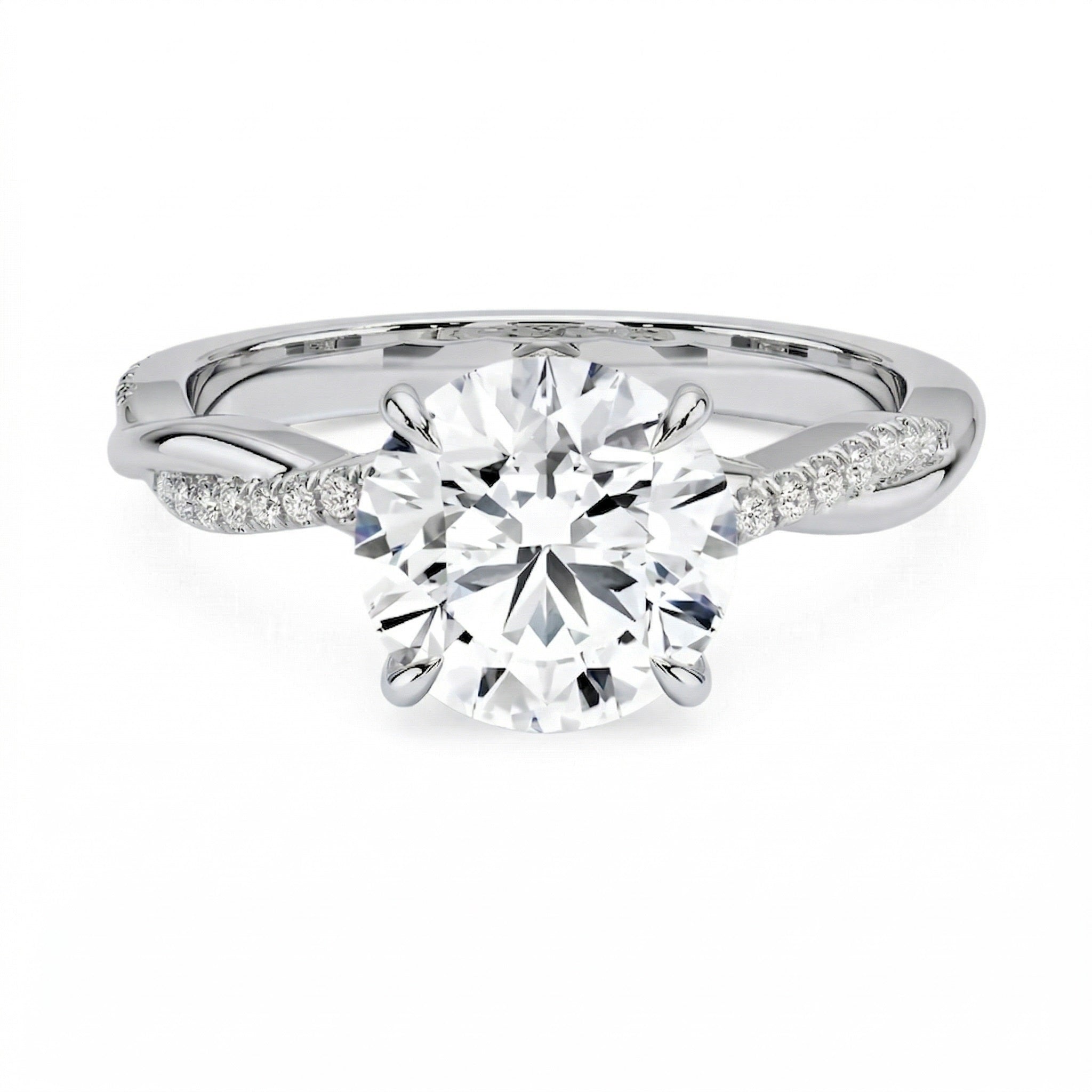 Four-claw cat-claw round brilliant moissanite ring with a single pavé vine twist band in white gold ApolloGem.