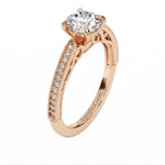 Dainty four-claw round brilliant moissanite ring with a thin pavé cathedral band in rose gold ApolloGem.