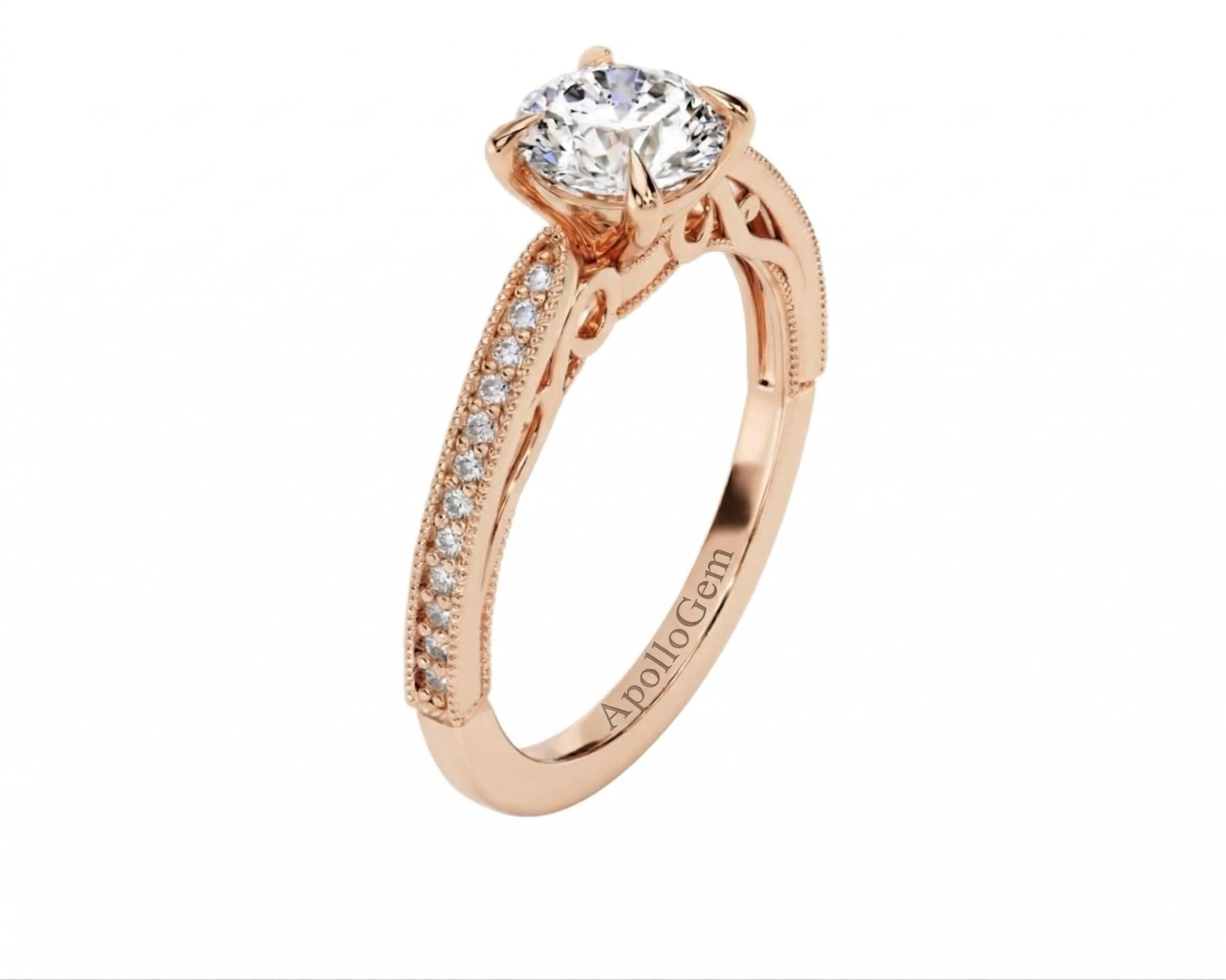 Dainty four-claw round brilliant moissanite ring with a thin pavé cathedral band in rose gold ApolloGem.