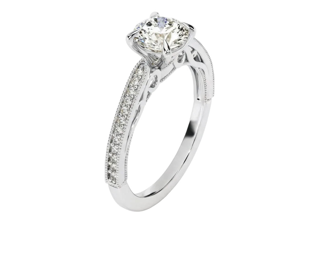 Dainty four-claw round brilliant moissanite ring with a thin pavé cathedral band in white gold ApolloGem.Round cut Moissanite lab grown diamond engagement ring with bridal stacking  pave on a gold band, against a white background.Moissanite engagement ring cape town south africa grand diamonds ralph jacobs jeulia 