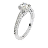 Dainty four-claw round brilliant moissanite ring with a thin pavé cathedral band in white gold ApolloGem.Round cut Moissanite lab grown diamond engagement ring with bridal stacking  pave on a gold band, against a white background.Moissanite engagement ring cape town south africa grand diamonds ralph jacobs jeulia 
