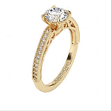 Dainty four-claw round brilliant moissanite ring with a thin pavé cathedral band in yellow gold ApolloGem.