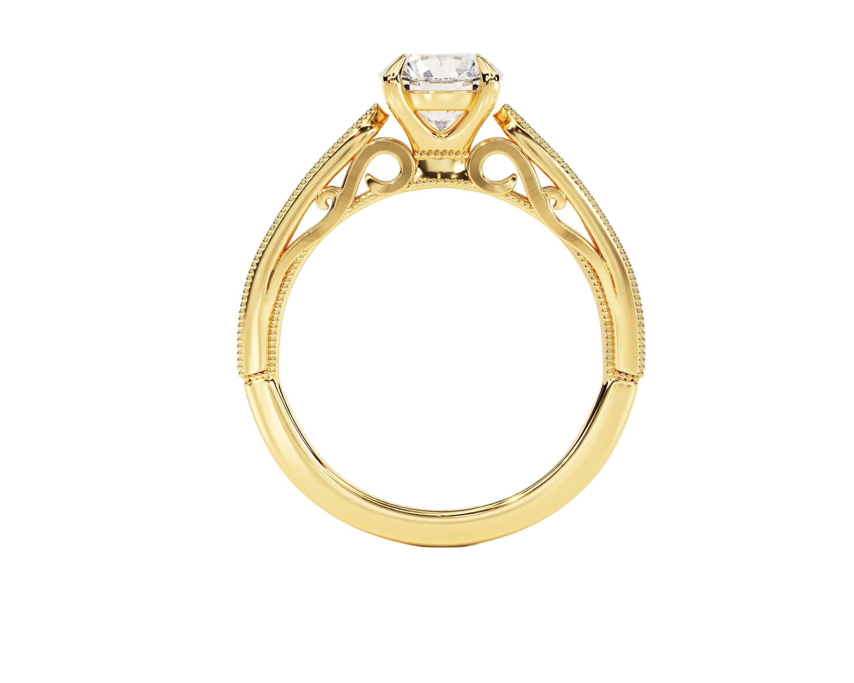 Top-down view of a D-color VVS1 round brilliant moissanite in a yellow gold solitaire setting.