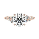 Close-up of D-color VVS1 round brilliant moissanite center stone with exceptional fire guaranteed by a genuine GRI certificate