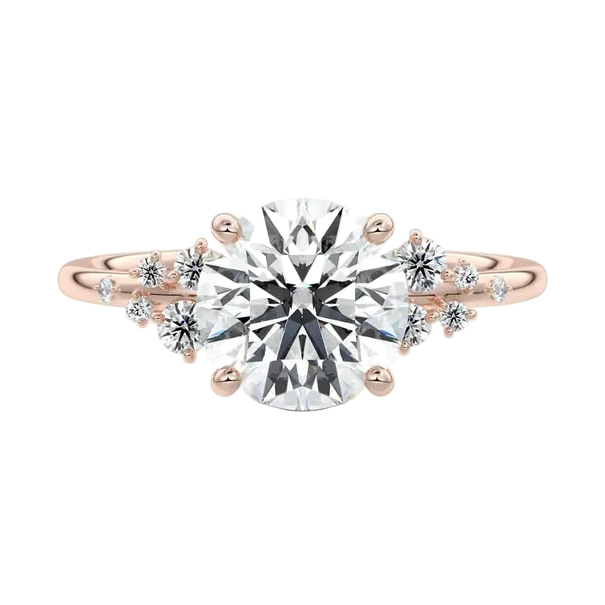 Close-up of D-color VVS1 round brilliant moissanite center stone with exceptional fire guaranteed by a genuine GRI certificate