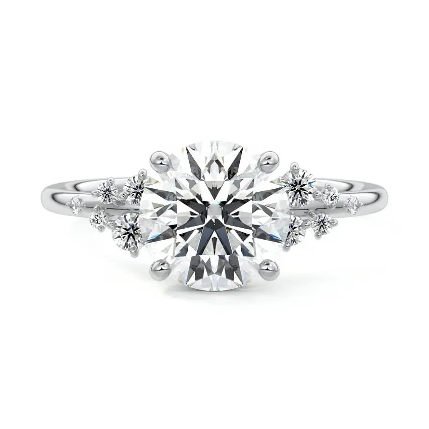 Unique bridal stack featuring a round stellar moissanite ring paired with a matching gold wedding band for a high-glamour look.