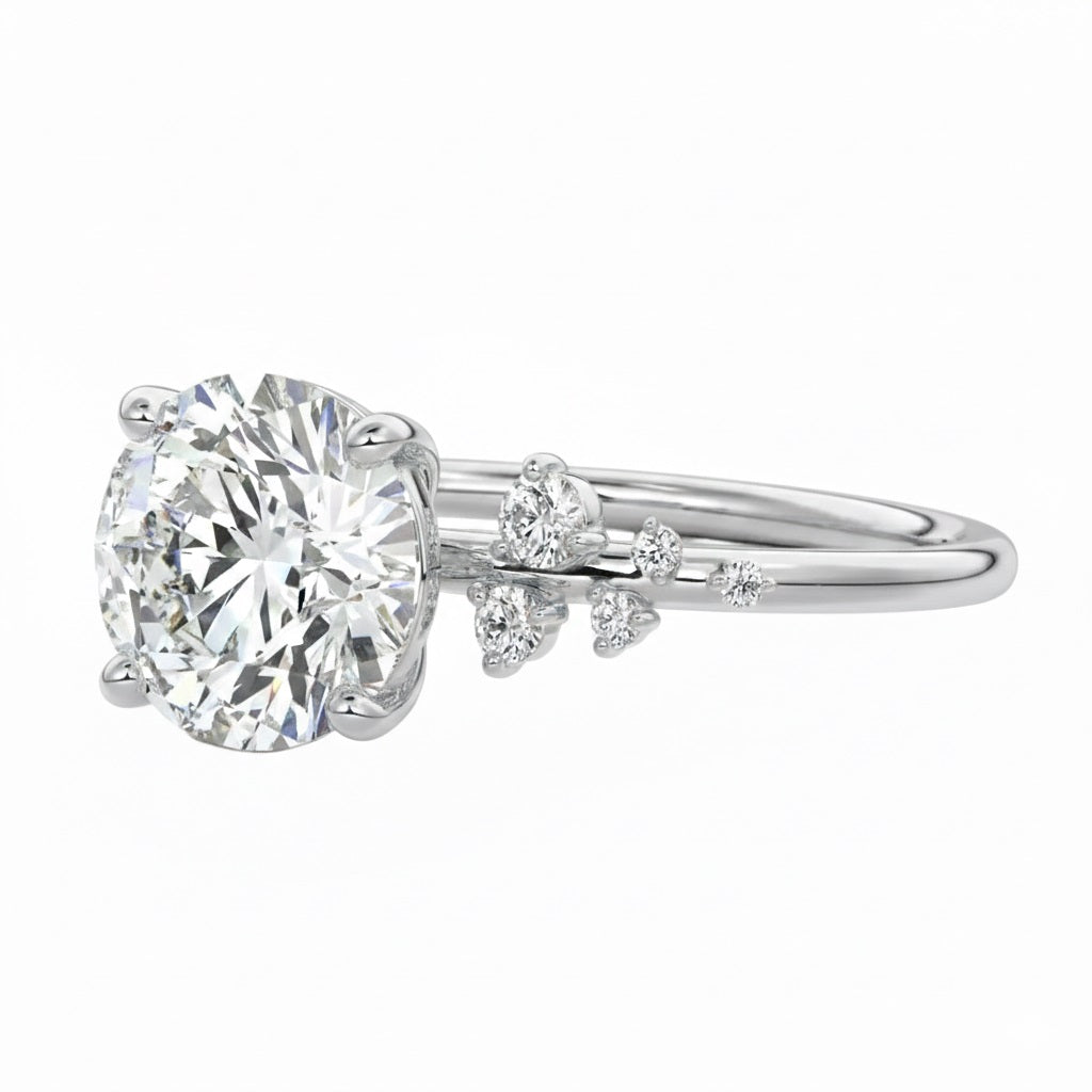 Elegant multi-stone round engagement ring on finger showing the intense sparkle and modern gold pavé band handcrafted in Cape Town.