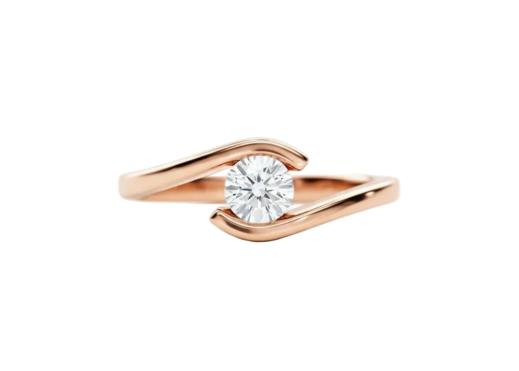Round brilliant moissanite engagement ring with a modern rose gold tension setting ApolloGem.
