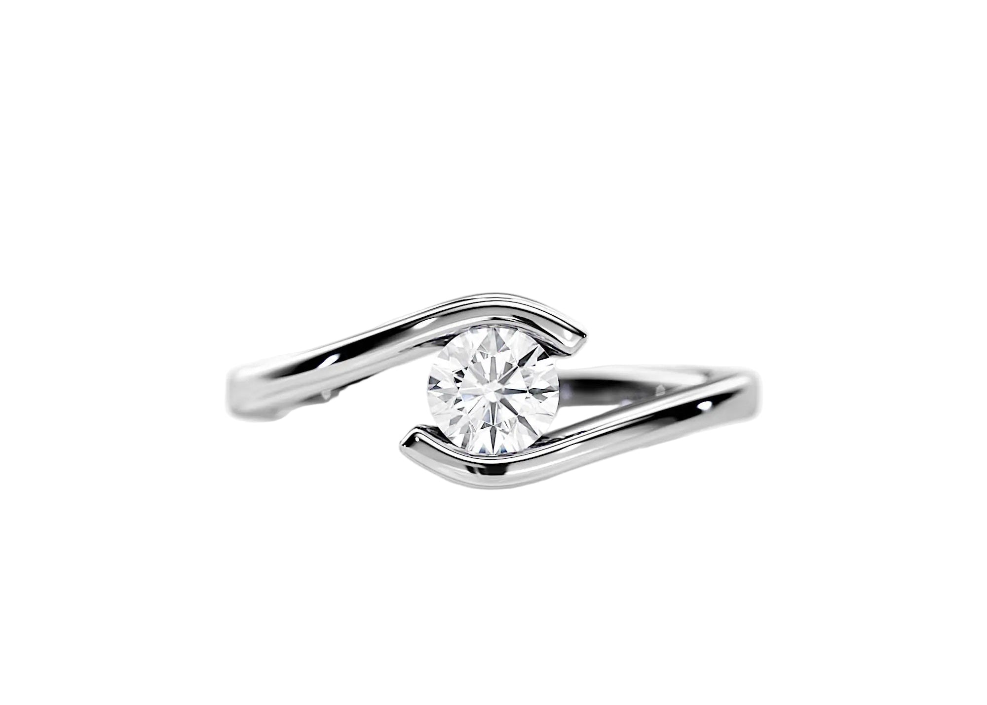 Round brilliant moissanite engagement ring with a modern white  gold tension setting ApolloGem.