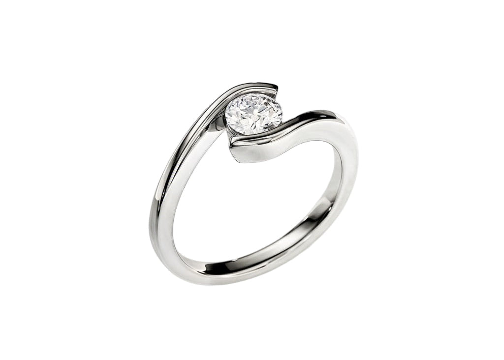 Detailed side view showing the floating bypass architecture and suspended moissanite effect.