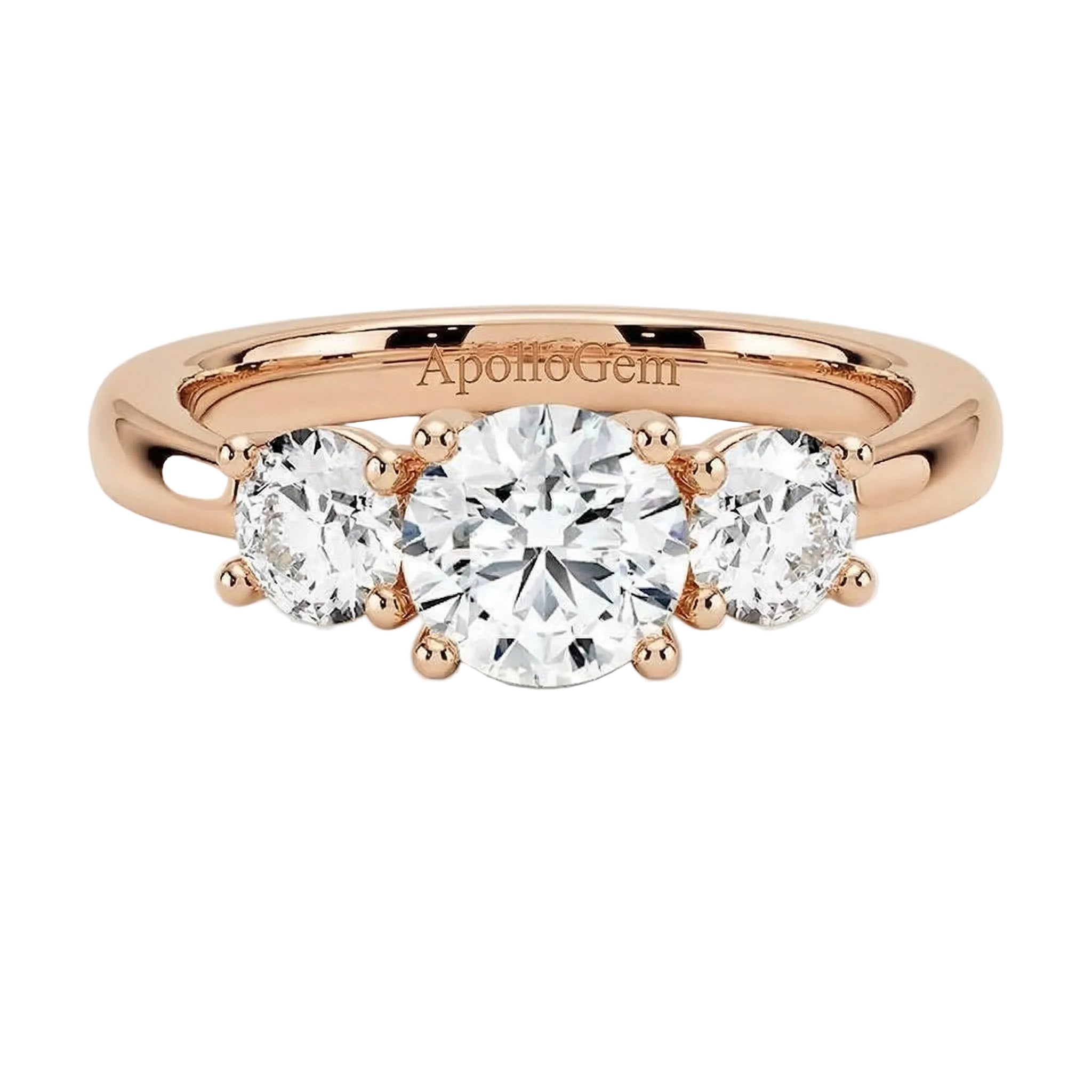 Classic round brilliant moissanite trilogy engagement ring in rose gold ApolloGem.