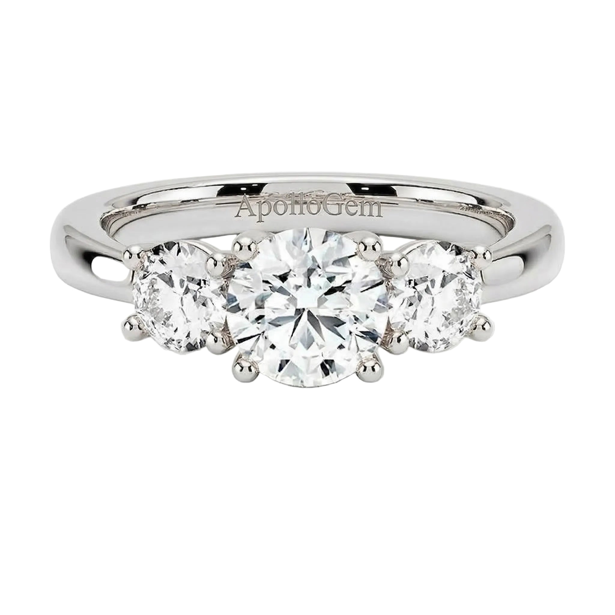 Classic round brilliant moissanite trilogy engagement ring in white gold gold ApolloGem.