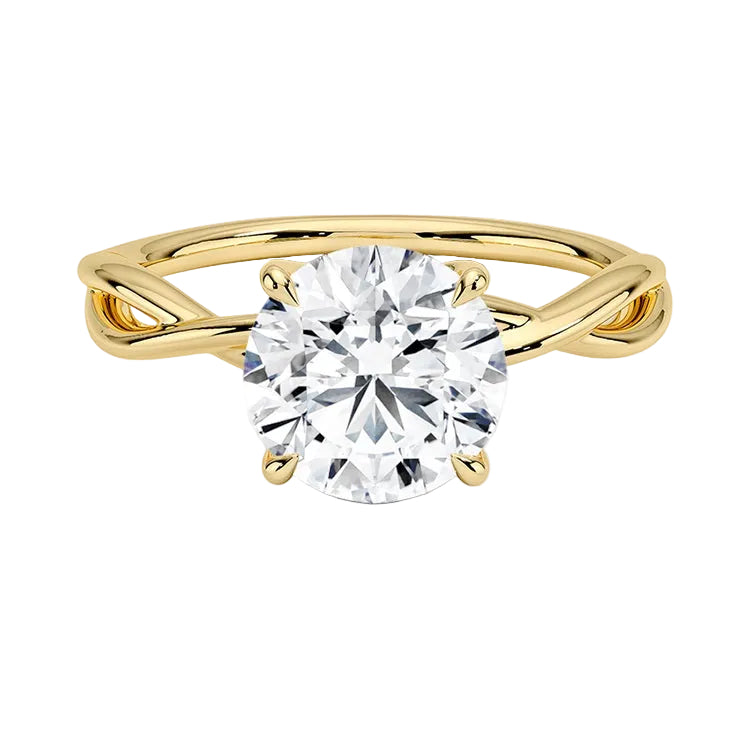 Round brilliant moissanite engagement ring with a twisted infinity-style yellow gold band ApolloGem.