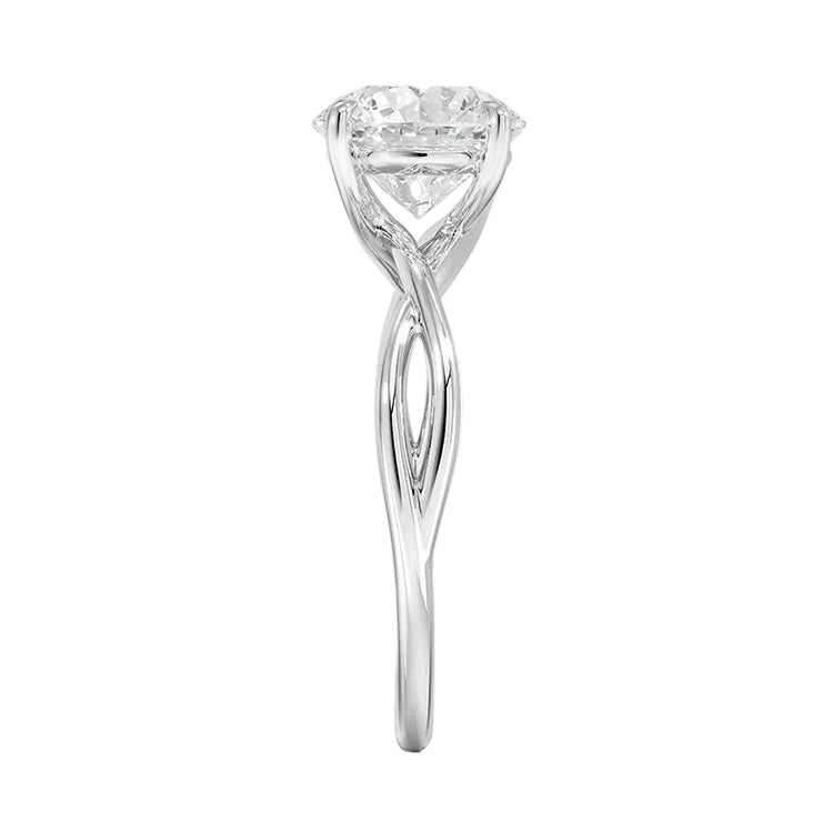 Symmetrical top-down view of a round moissanite solitaire on a decorative twisted gold band.
